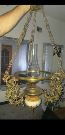 Stara belgijska lampa z mosiądzu i porcelany