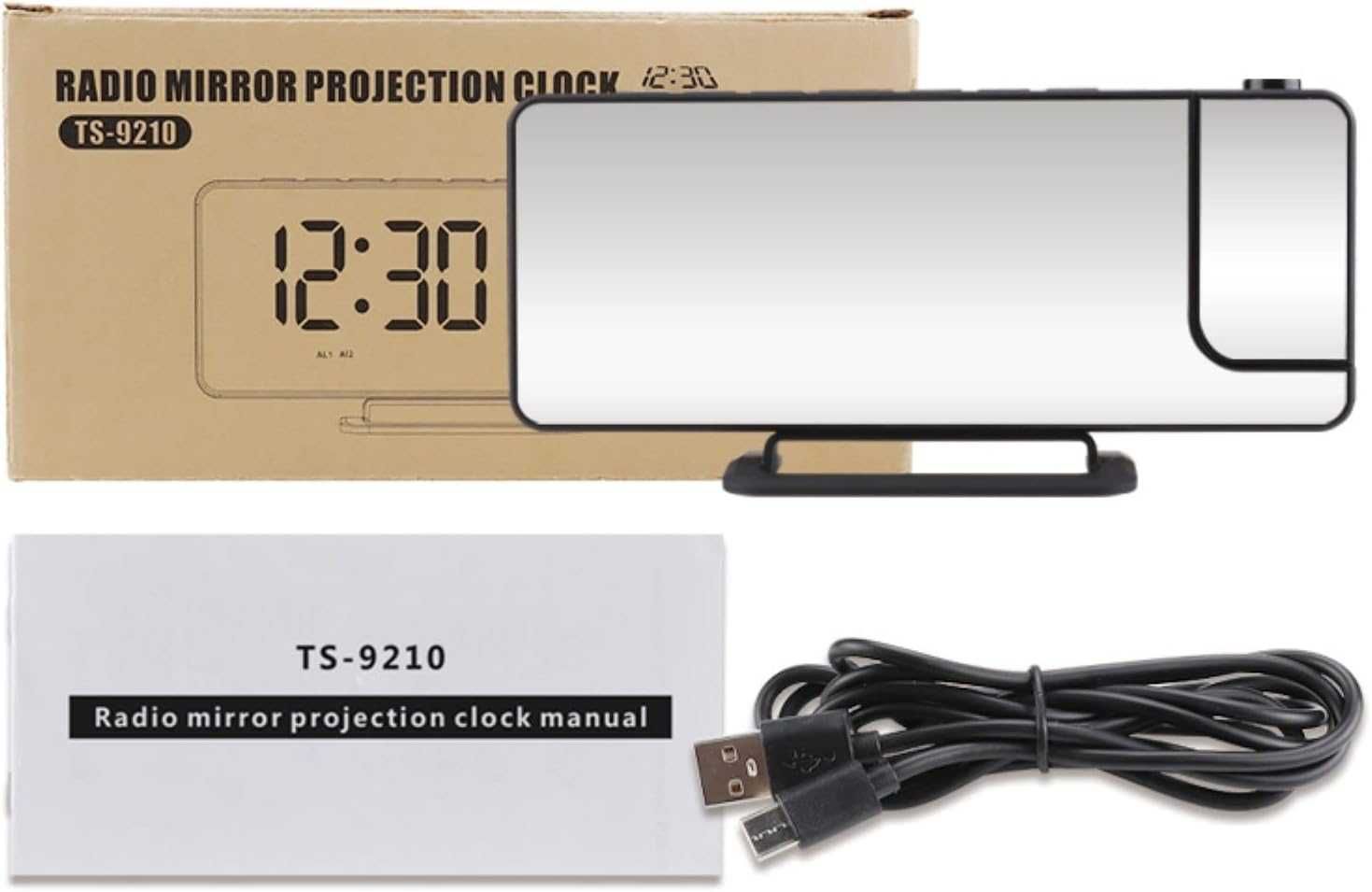 Cyfrowy zegar projekcyjny, radio FM, budzik, port USB – LED lustro