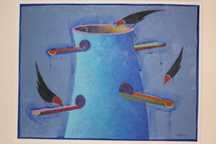 Pintura Alfredo Luz Acrílico s/ Cartão Torre Pássaros Azul 19 x 25 cm