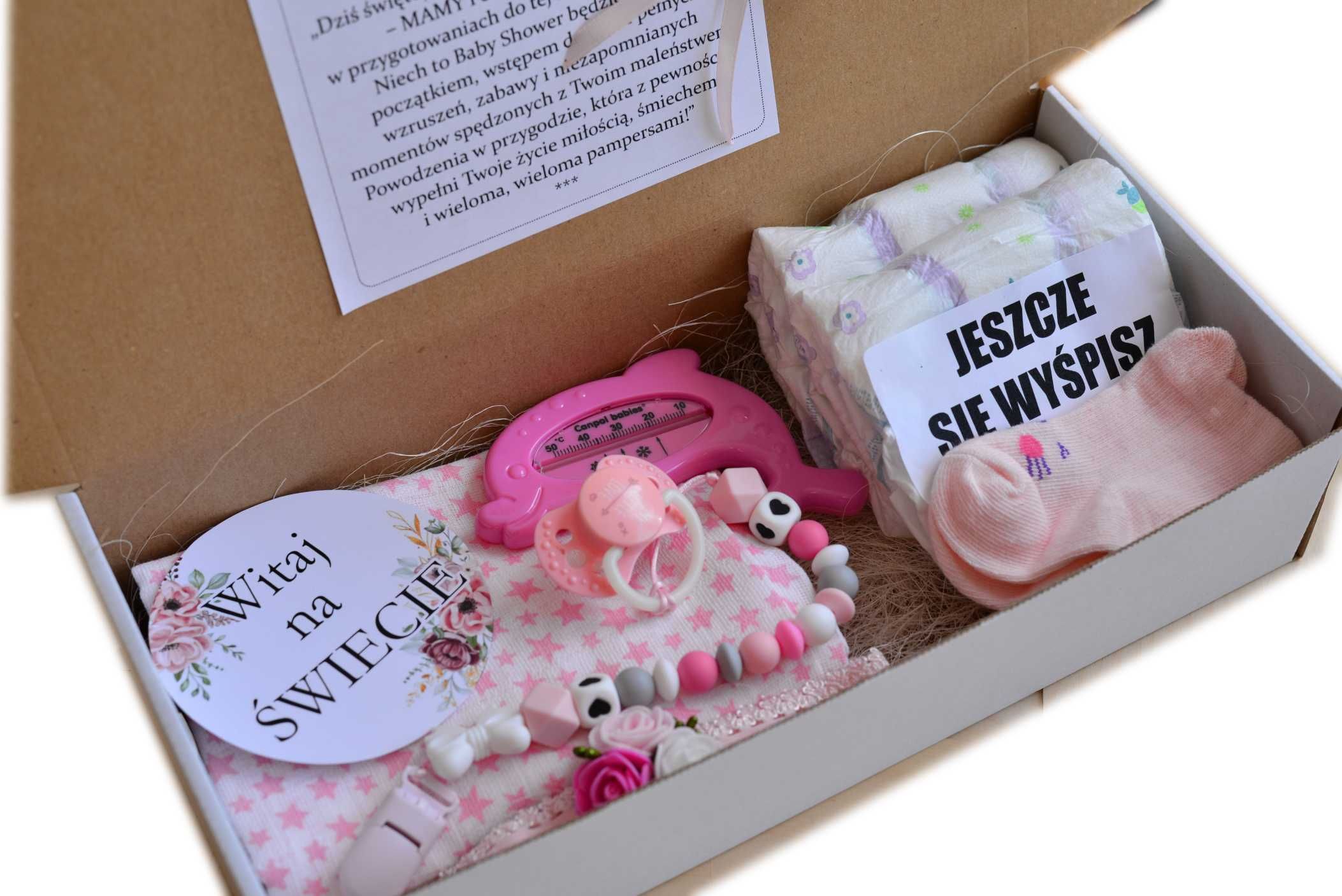 PIĘKNY ZESTAW box prezent na Baby Shower z życzeniami.