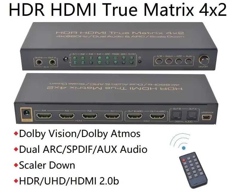 HDR HDMI 4K Matrix 4x2, dual ARC out, HDMI switch, przełącznik