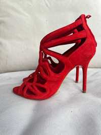 Szpilki sandały człóenka Zara czerwone bordowe 38 100% skóra skórzane