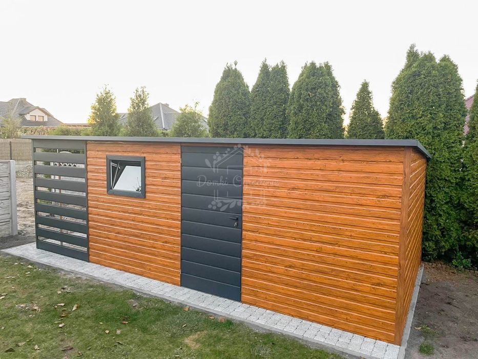 Domek ogrodowy 5x3,5m + wiata 1,5m jasny orzech  Dach spad w tył ID783