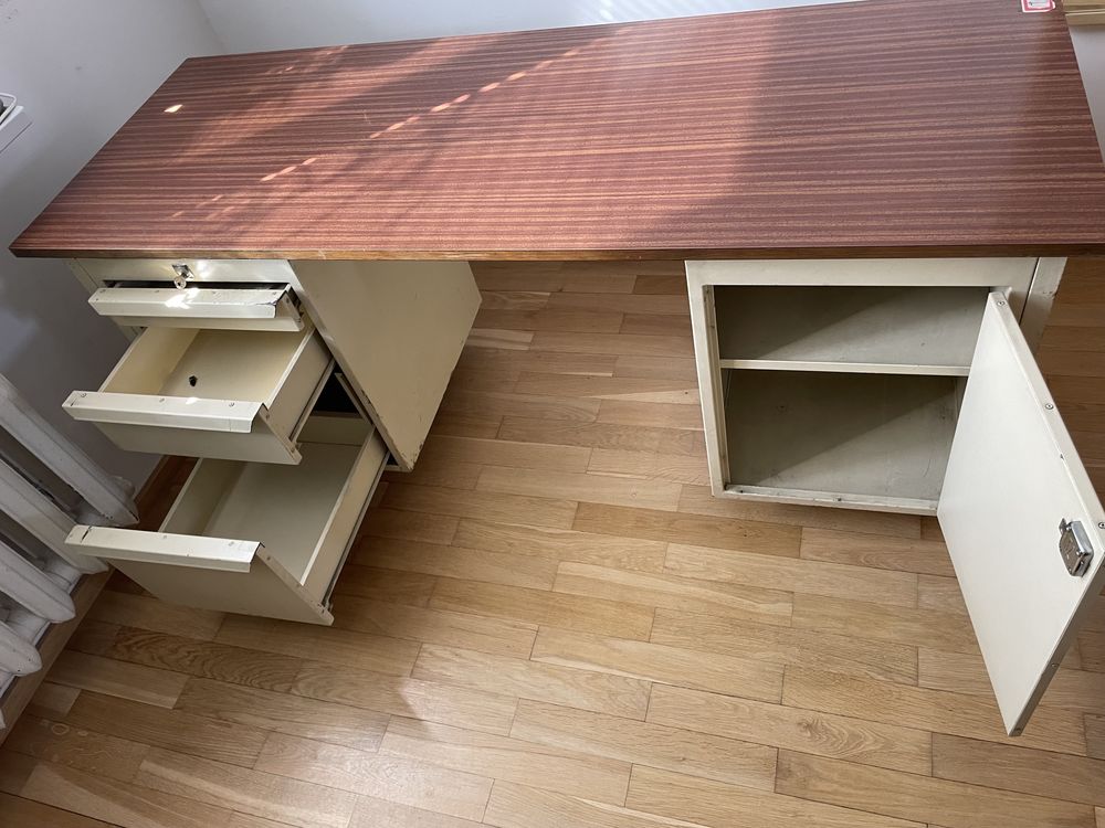 Biurko metalowe PRL 160x60, szuflady i szafka zamykane