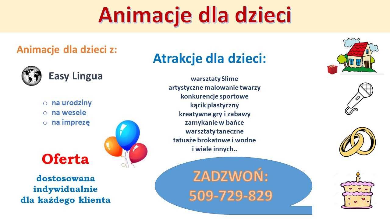 Animacje dla dzieci, animatorka, wynajem, dmuchaniec, wesele, chrzciny