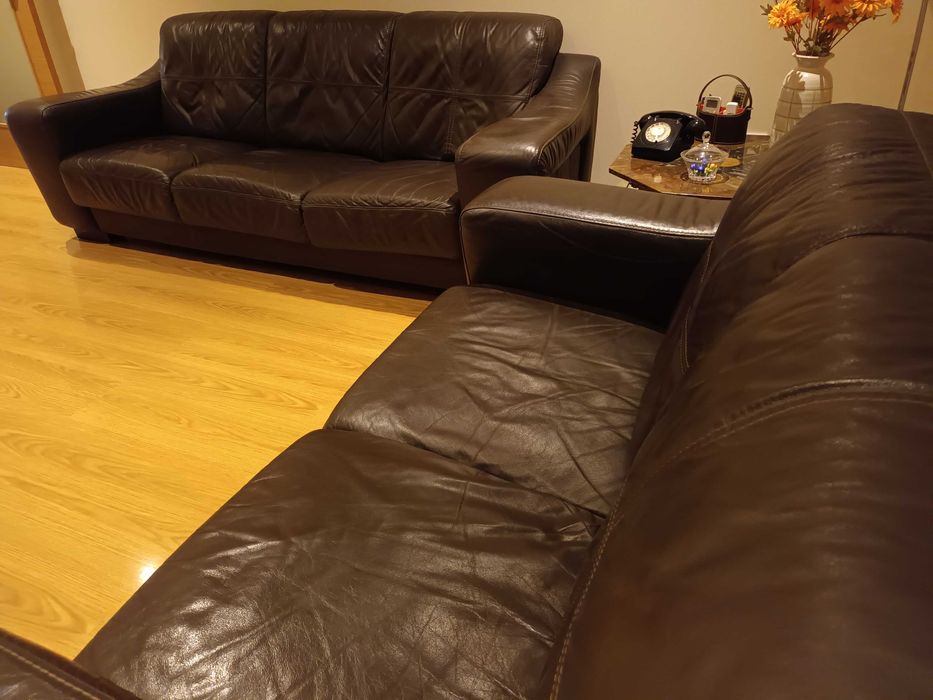 Conjunto Sofás de Pele Castanho Chocolate