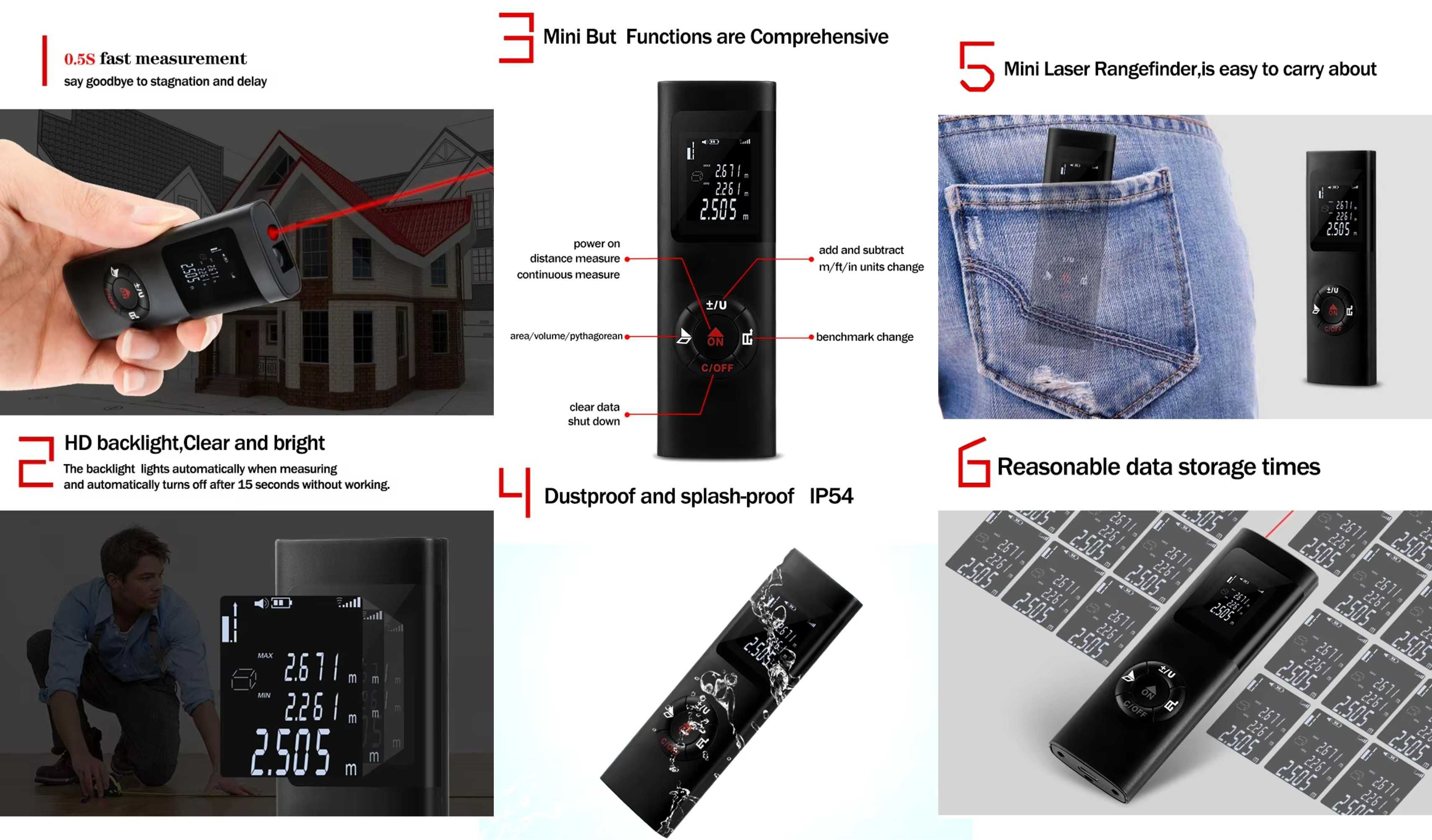 Мини лазерная рулетка дальномер угломер  50/60/80/100/120 м Li-Ion USB