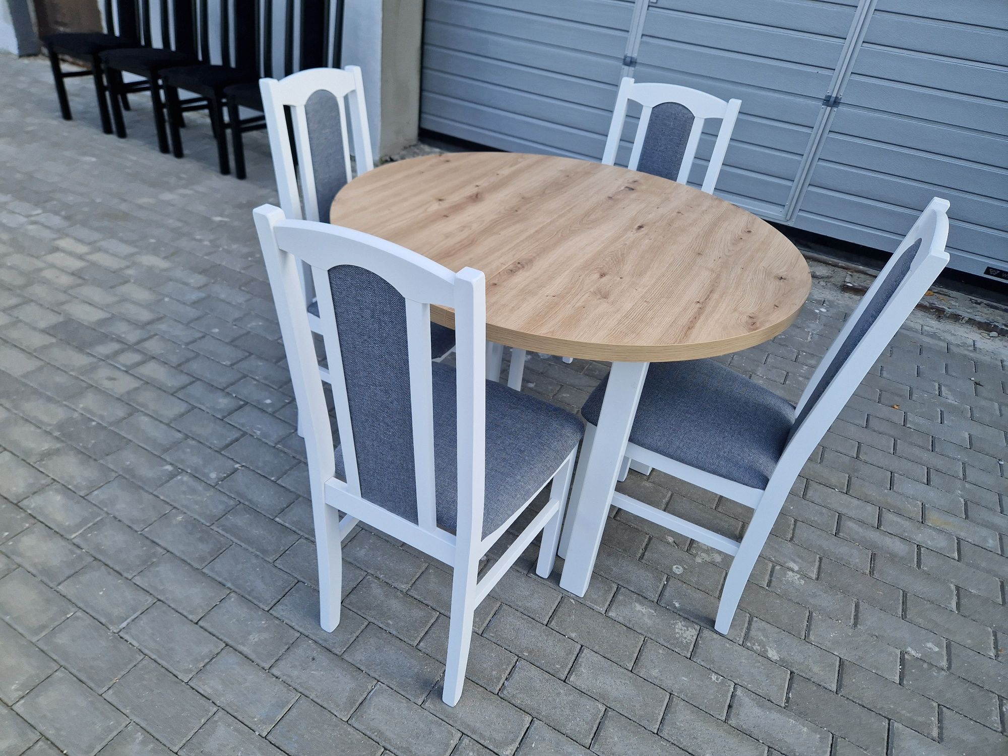 Nowe : Stół okrągły rozkładany + 4 krzesła, biały/artisan + szary