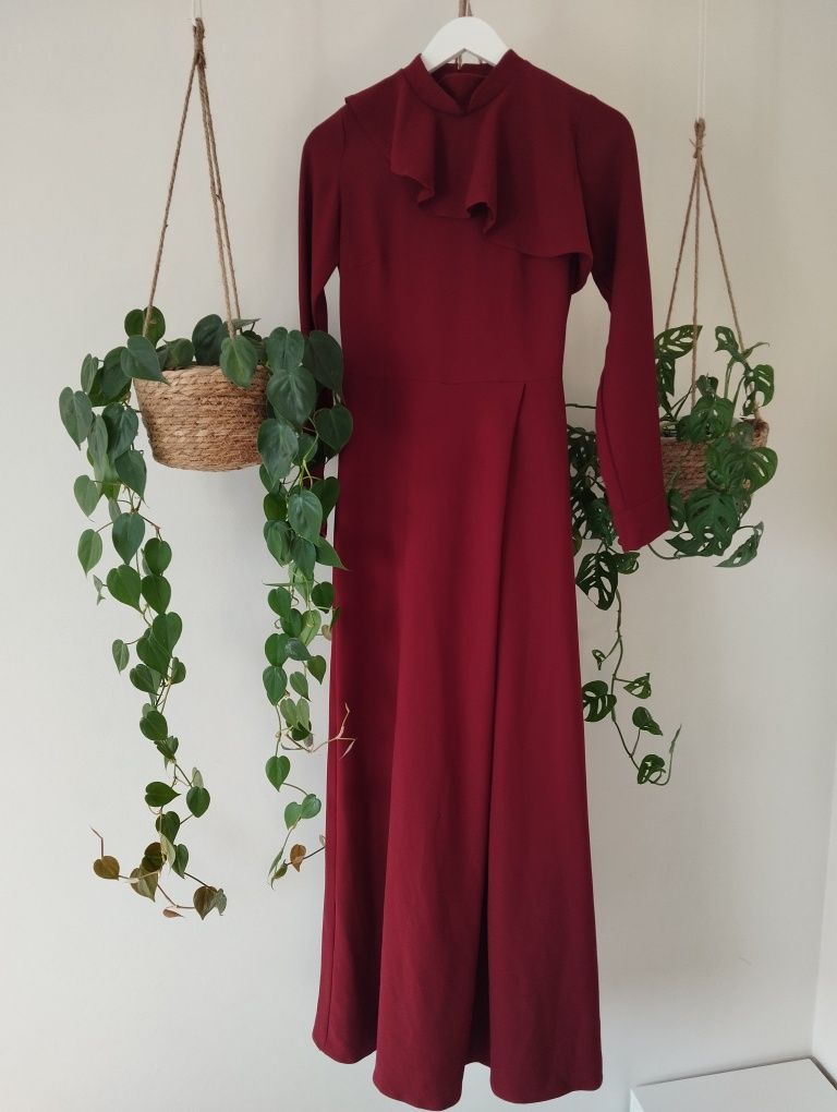 Kombinezon wieczorowy, elegancki, z szerokimi nogawkami, burgundowy, b
