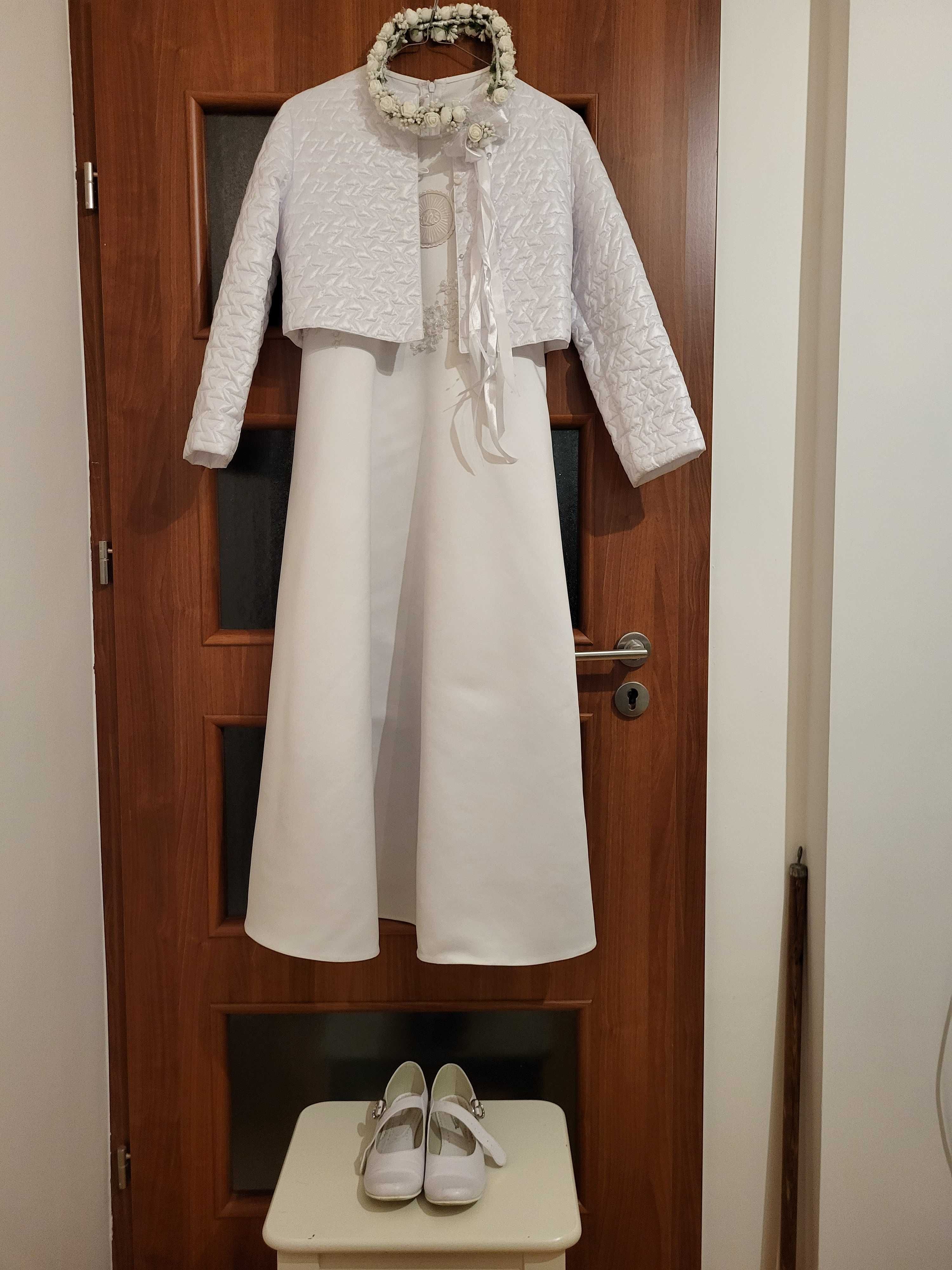 Sukienka komunijna biała, zestaw z bolerkiem, torebką, wiankiem i buty