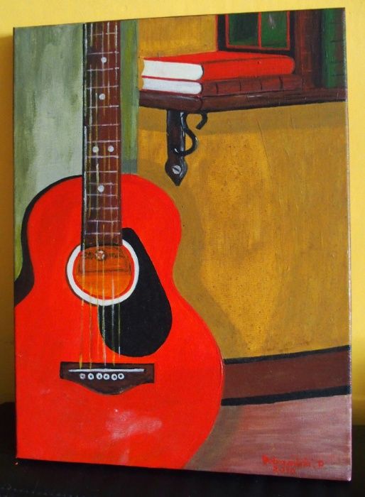 (hiszpanska ?) czerwona GITARA, obraz olejny 30x40 cm, (flamenco?)