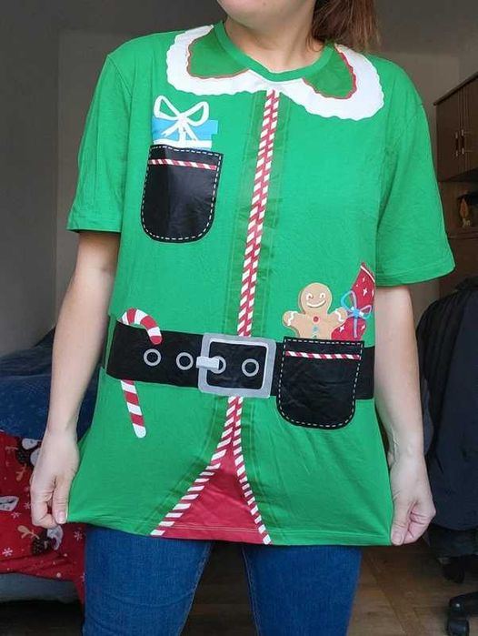 Zielona świąteczna koszulka przebranie kostium pani elf pomoc mikołaja