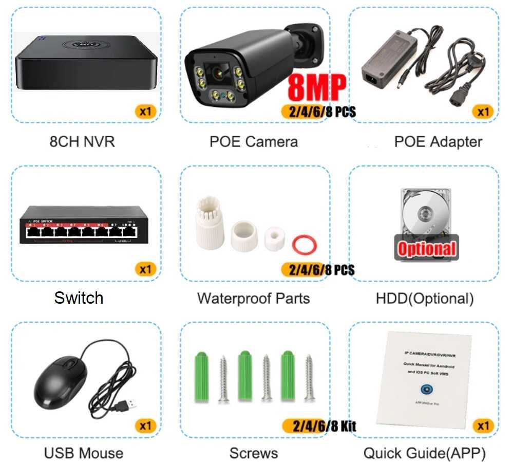 Акція! Система відеонагляду 4 камери IP 4K 8МП POE Usafeqlo+ диск 1ТБ