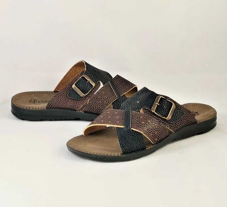 Мужские Тапочки Шлёпанцы Сланцы Чёрные с Коричневым Кожаные