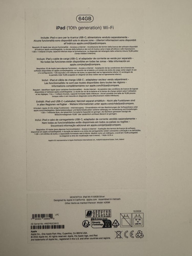 Apple iPad 10TH Fatura/garantia