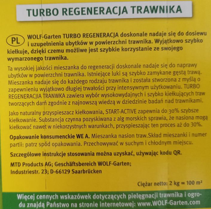 Mieszanka nasion traw SR 100 Turbo Regeneracja WOLF Garten