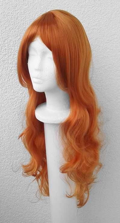 Ruda falowana pomarańczowa długa peruka z grzywką rudy cosplay wig