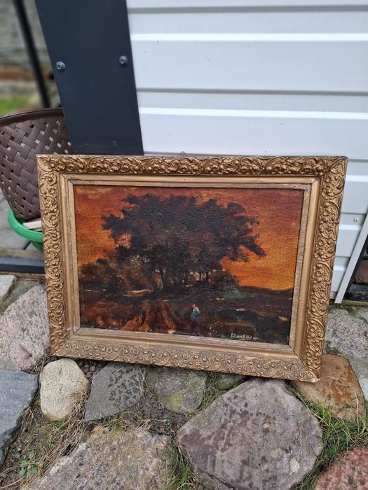 Stary obraz w ramie, malowany farbą olejną. Sygnowany Adamski