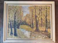 Stary obraz olejny na płótnie, jesień, żółte liście, sygnowany R. Jira
