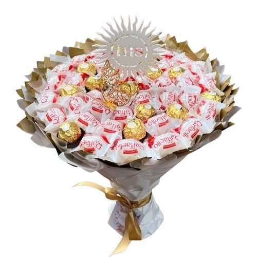 Bukiet ze slodyczy Ferrero i Raffaello. Komunia.Prezent na 50 Urodziny