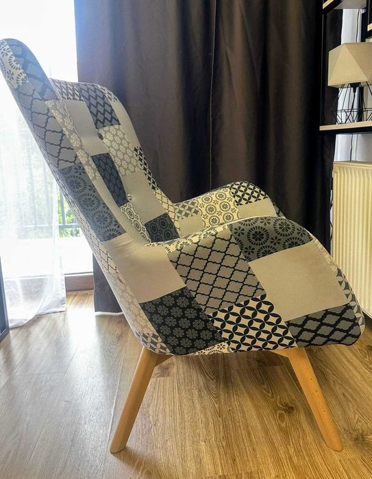 Zestaw 2 x fotel uszak patchwork na drewnianej nodze