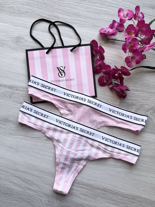 Zestaw różowe stringi w paski z logowaną gumą Victoria’s Secret