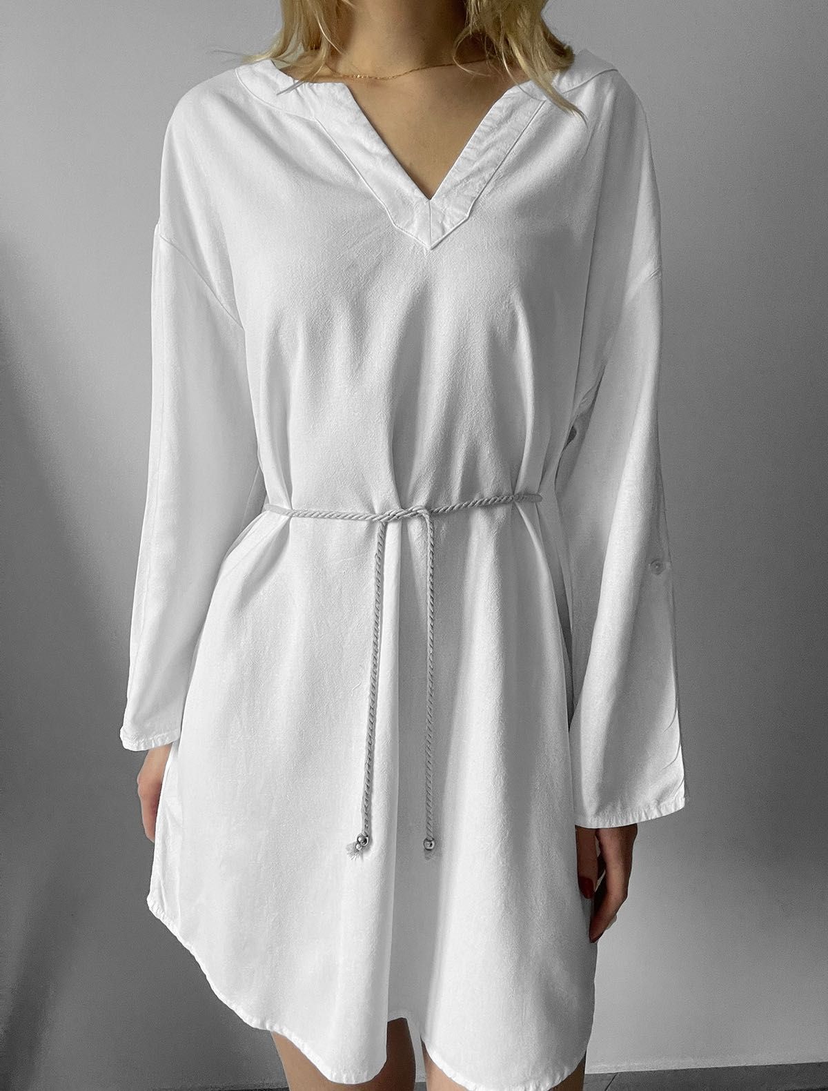 Biała sukienka mini krótka len wiskoza lniana jakość premium wiosna