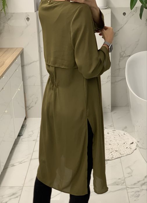 Narzutka lekki plaszcz tunika khaki oliwkowa na jesien do pracy 36