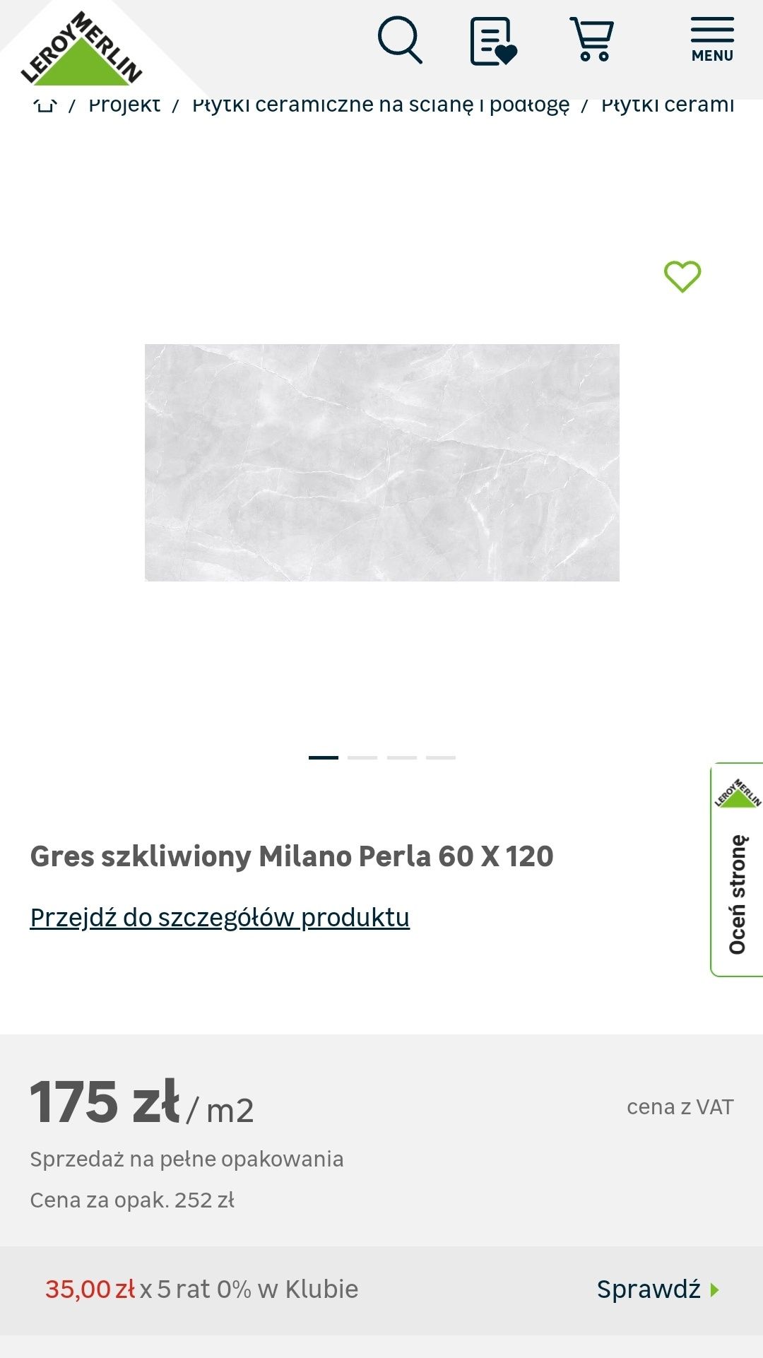 Gres szkliwiony Milano perla 120x60 (3 paczki)