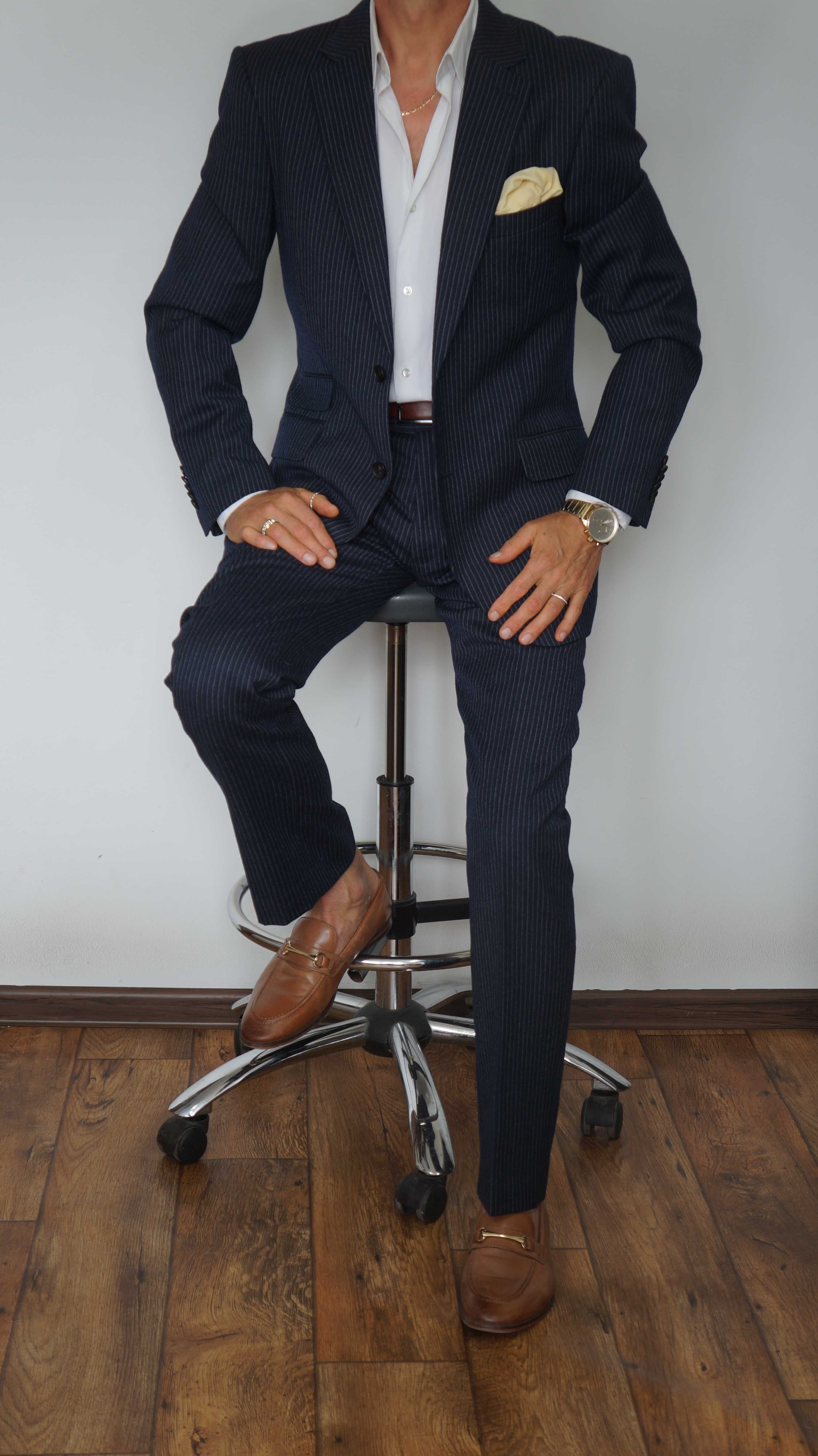 Garnitur The Tailoring Club Wełna Rozmiar 50 Kolor Granatowy Prążki