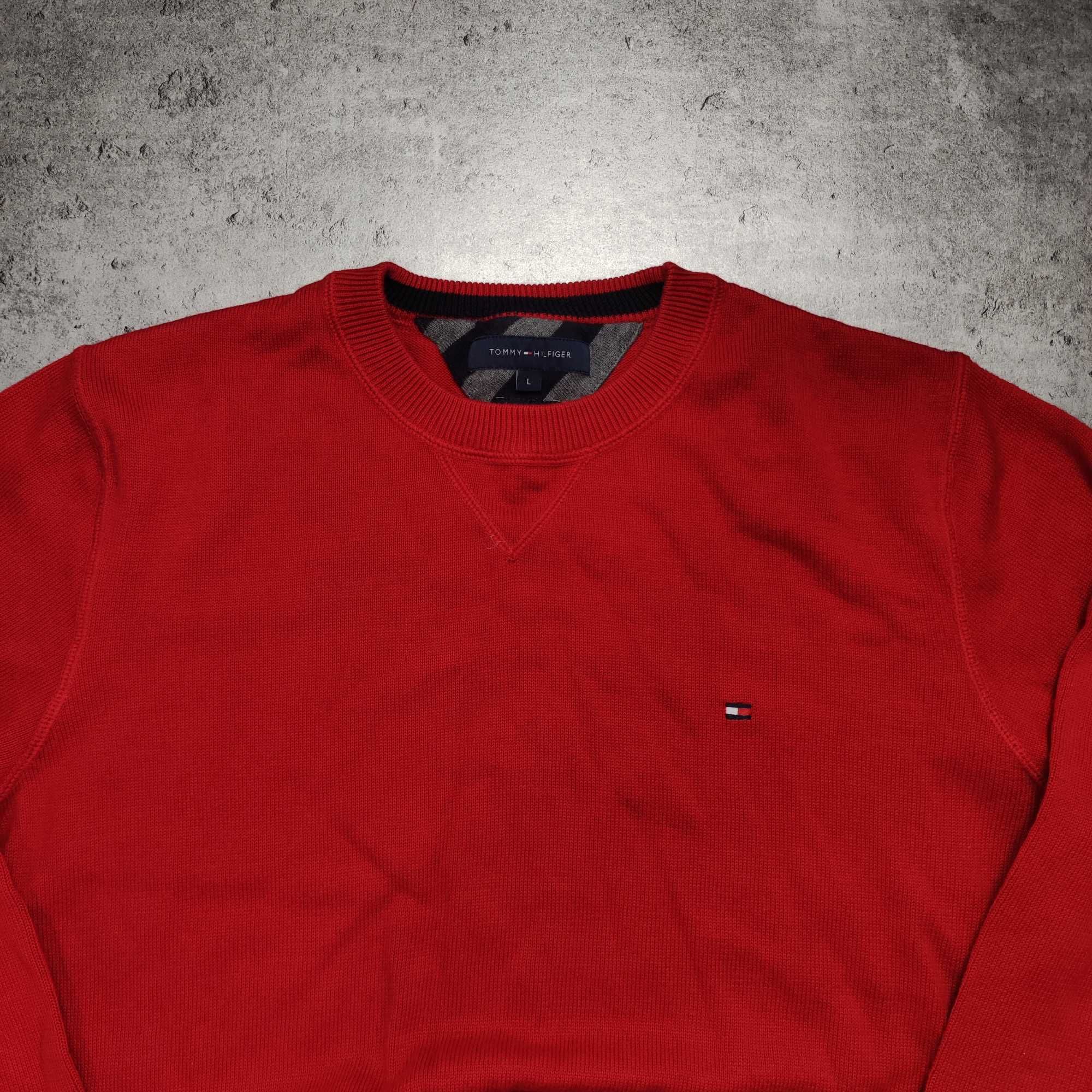 MĘSKI Elegancki Bawełniany Grubszy Sweter Czerwony Tommy Hilfiger Logo