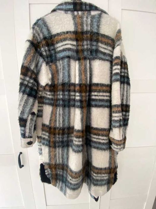 Bershka Płaszcz Krata BRĄZOWY BEŻOWY NIEBIESKI z domieszką wełny