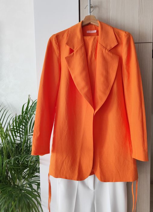 Pomarańczowa Marynarka z paskiem, wiskoza i len Naree S 36 wiosna lato