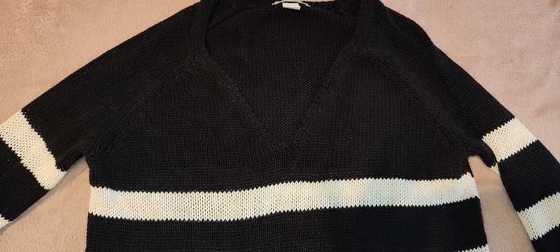 sweter h&m czarno biały paski akryl v-neck serek 36