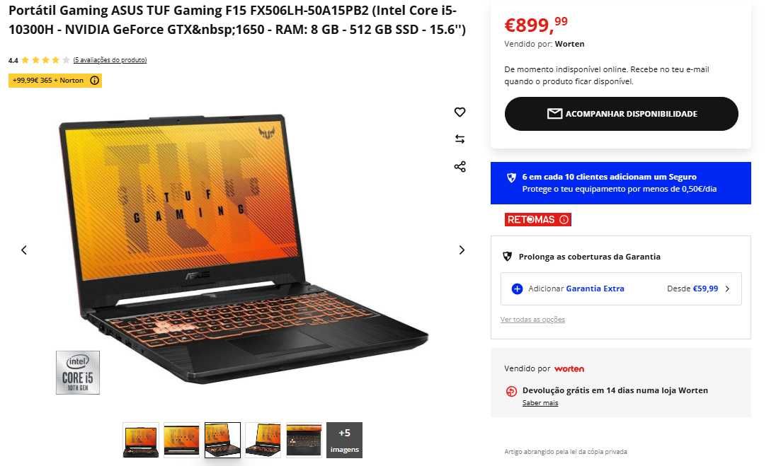 Portátil ASUS 144HZ / i5 / NVIDIA GTX 1650 16GB / RAM 8GB / SSD 512GB