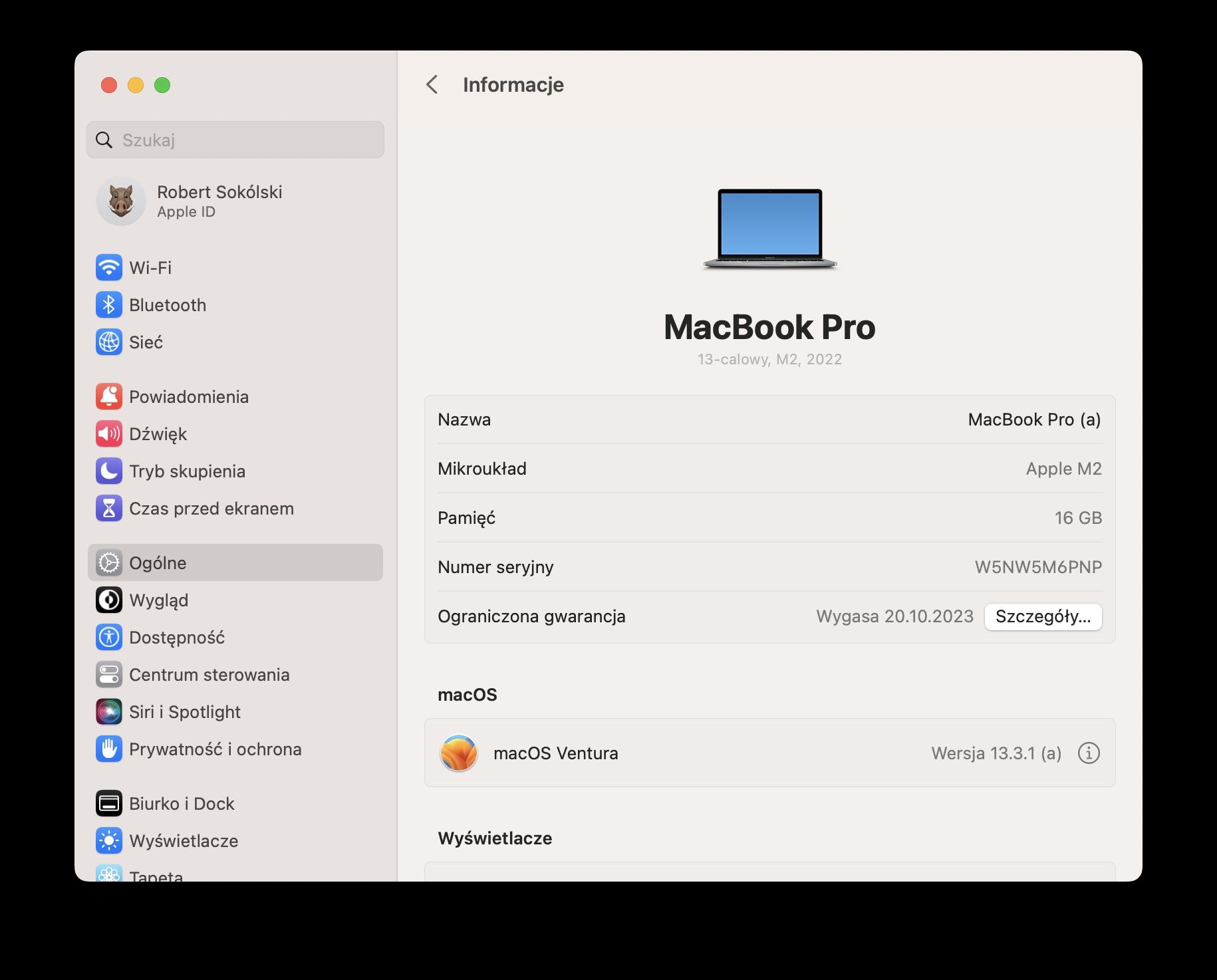 MacBook Pro M2, 16GB, 256GB, Gwarancja była do 19.10.2023, stan idealn