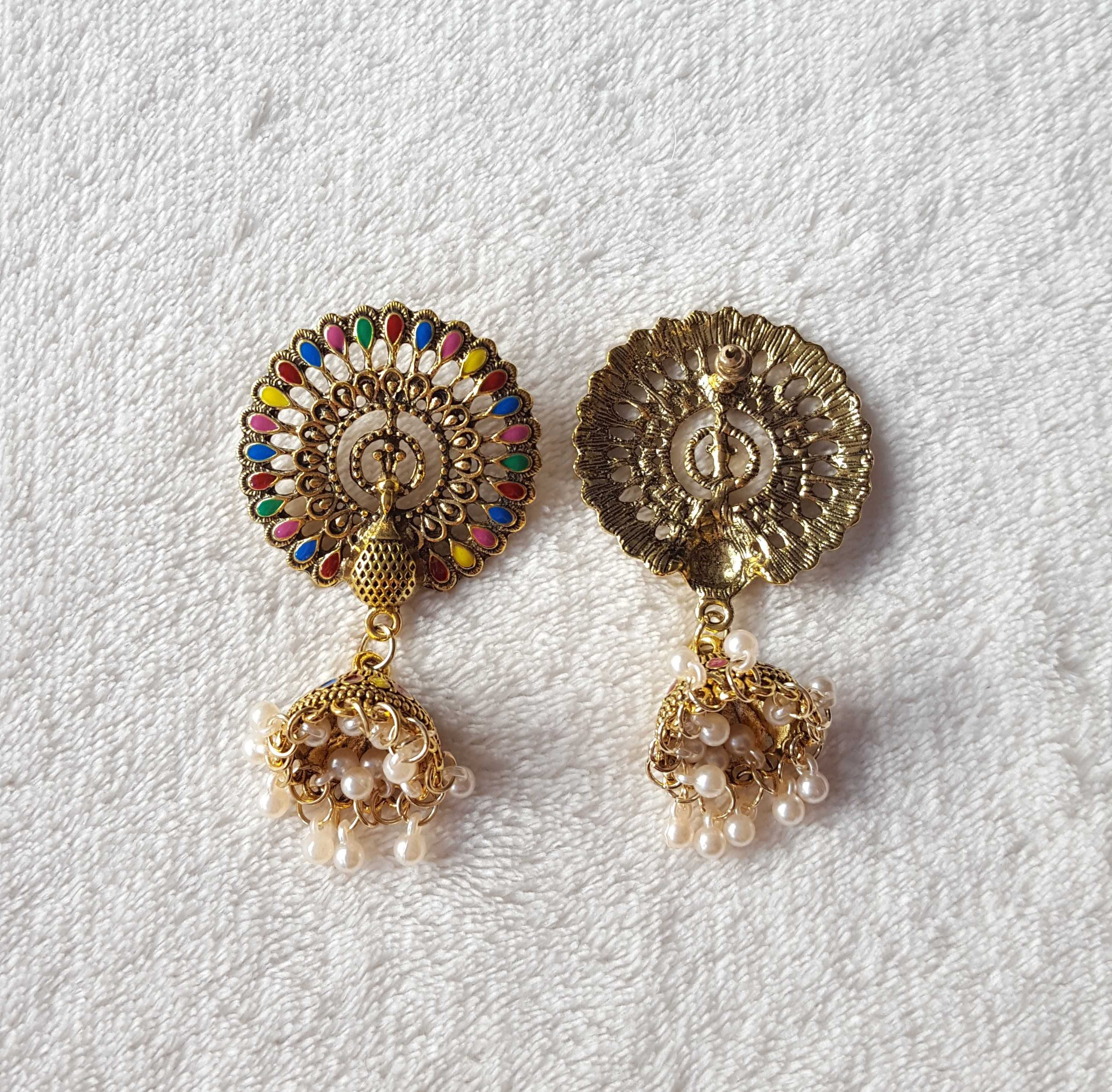 Długie kolczyki pawie kolorowe złoty kolor boho Indyjskie Bollywood