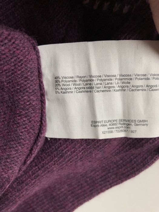 Świąteczny sweter Esprit z wełną i kaszmirem śliwkowy XS norweski wzór