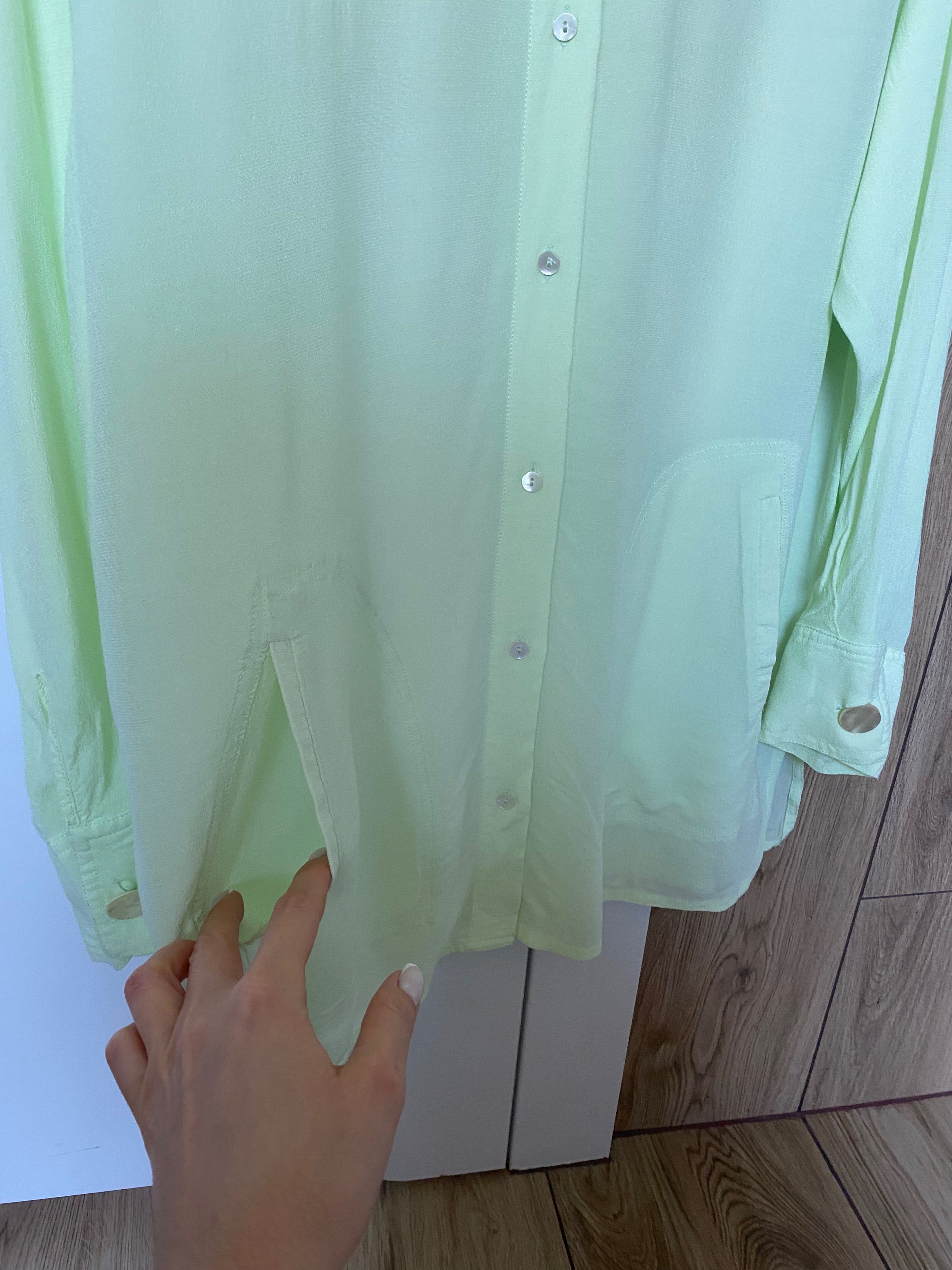 Jasnozielona limonkowa koszula MANGO PREMIUM z wiskozy z kieszeniami S