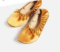 now Zara 38 (24,5 cm) satynowe baleriny eleganckie złote pantofle domo