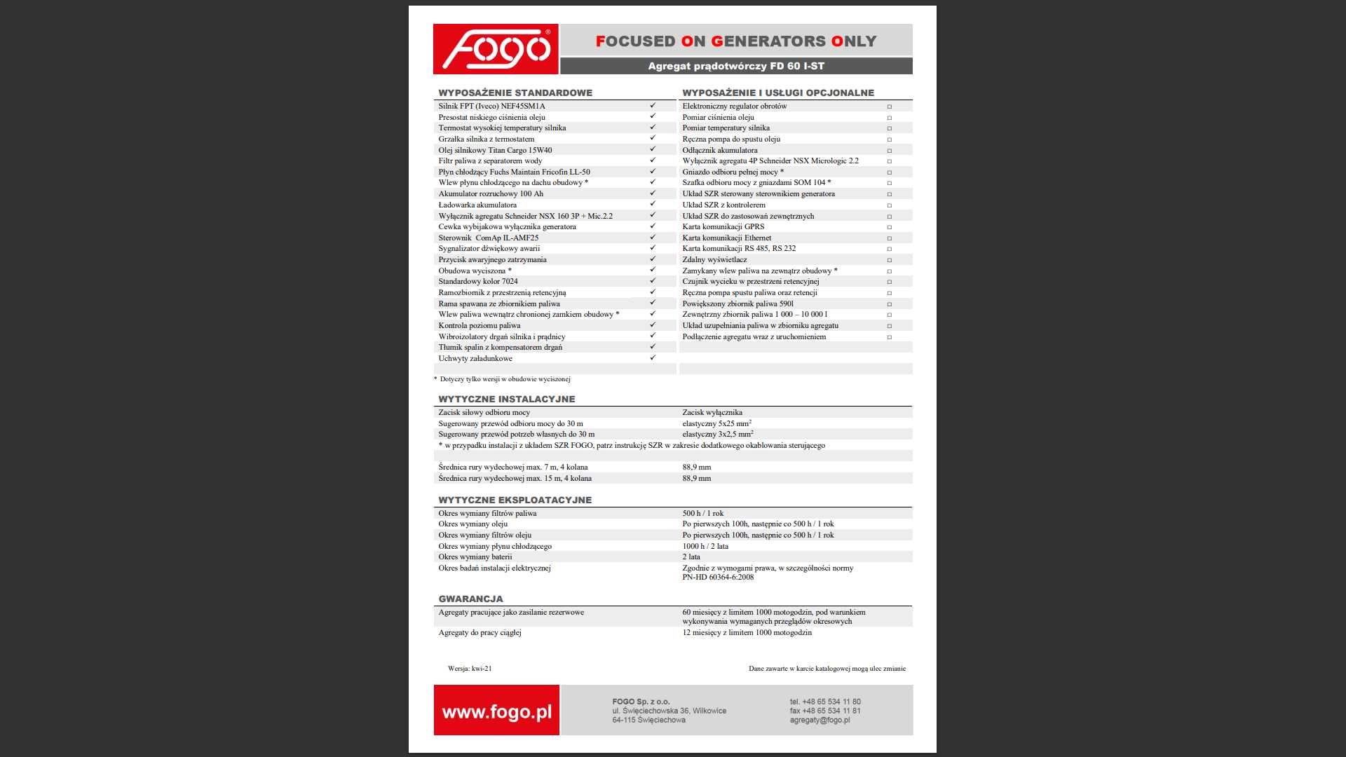 Agregat Prądotwórczy FOGO  FD 60 I-ST Zabudowany  53 KW