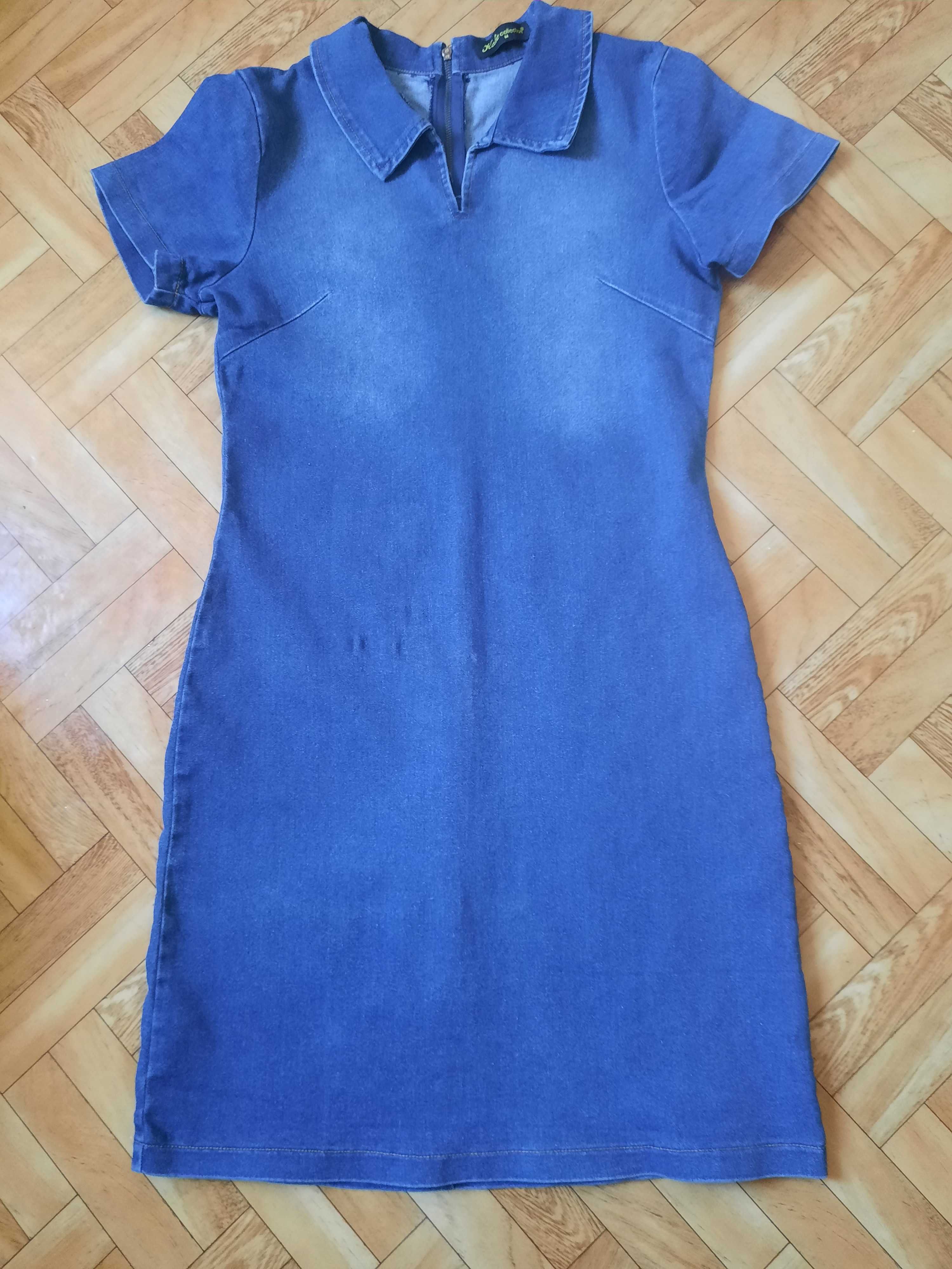 Sukienka jeansowa granat M 38 z kolnierzykiem krotki rekaw