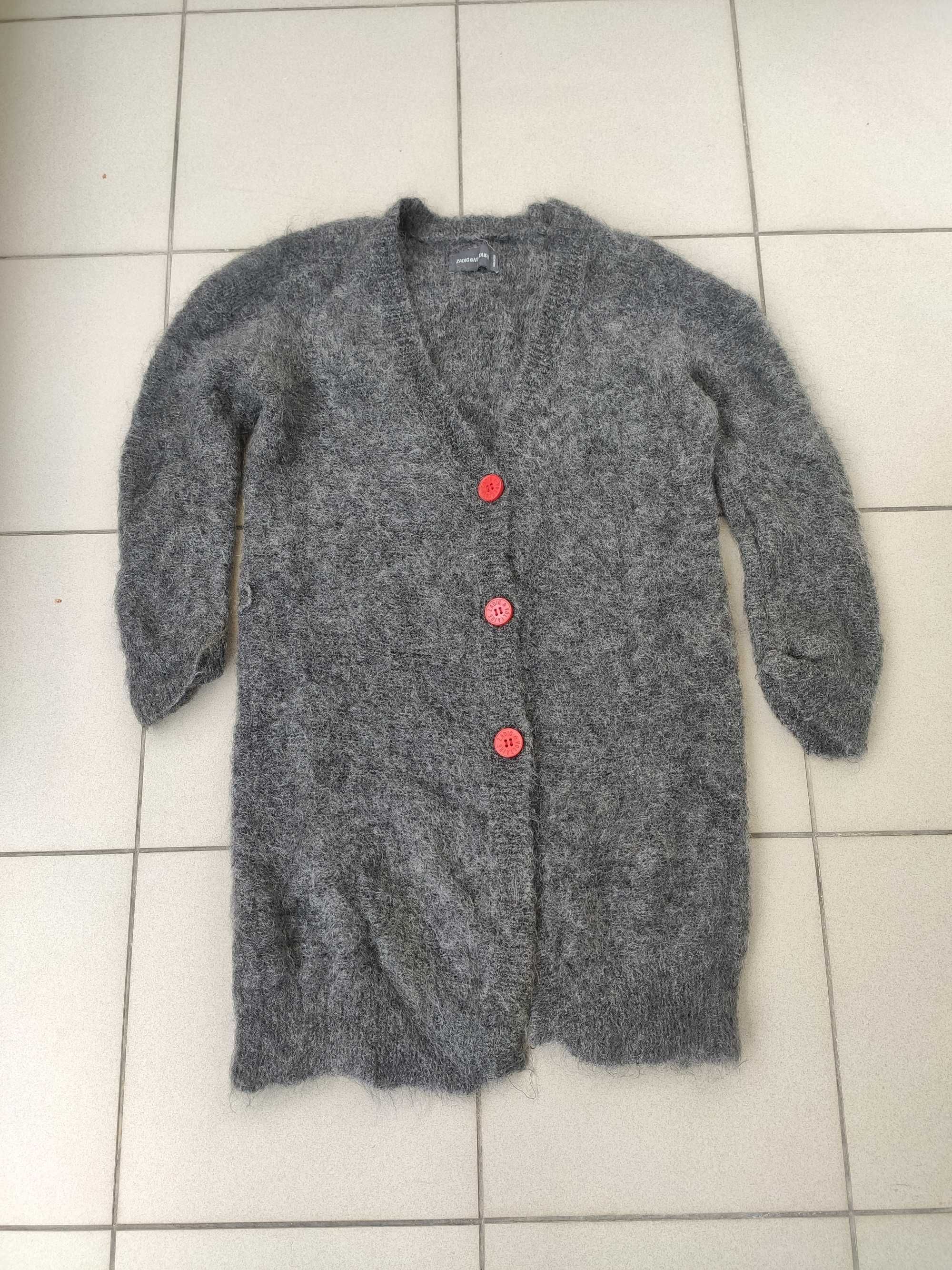 Sweter Zadig & Voltaire kardigan damski długi moher wełna szary r. S