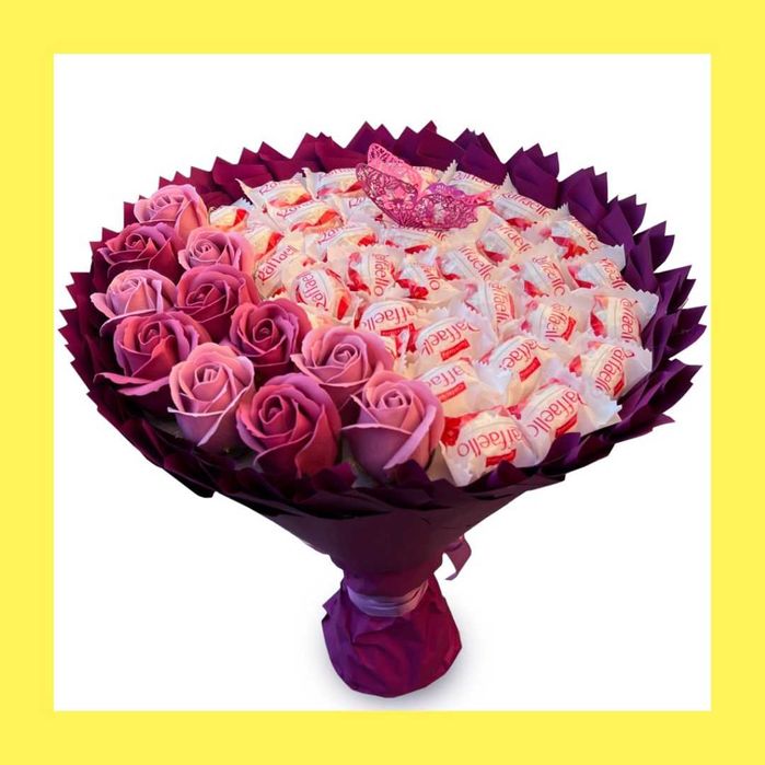 Prezent na Urodziny, Ślub, Imeniny. Bukiet Raffaello i mydlane róże.