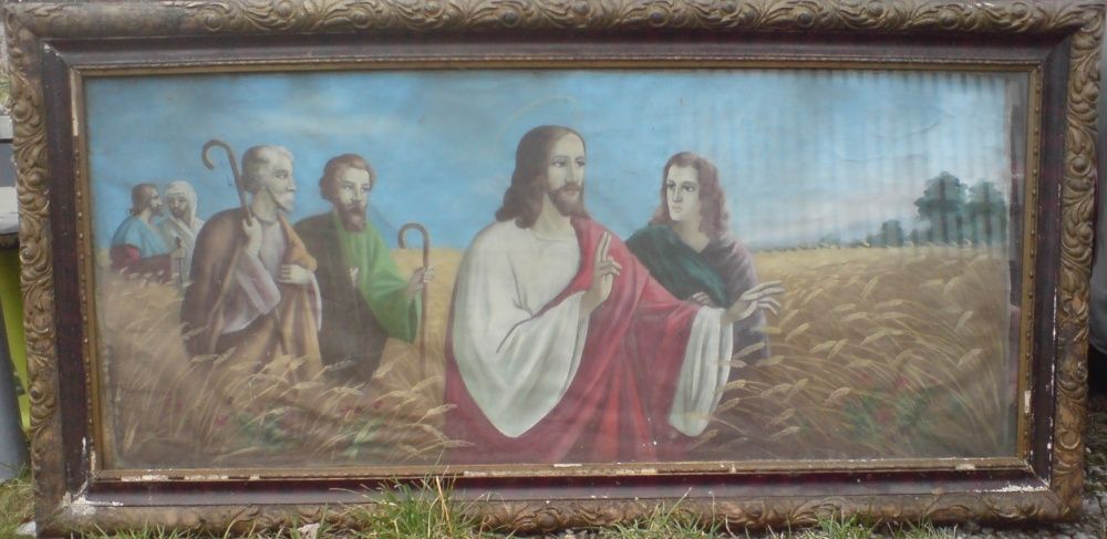 Stary obraz religijny ręcznie malowany olej na płótnie wielki antyk