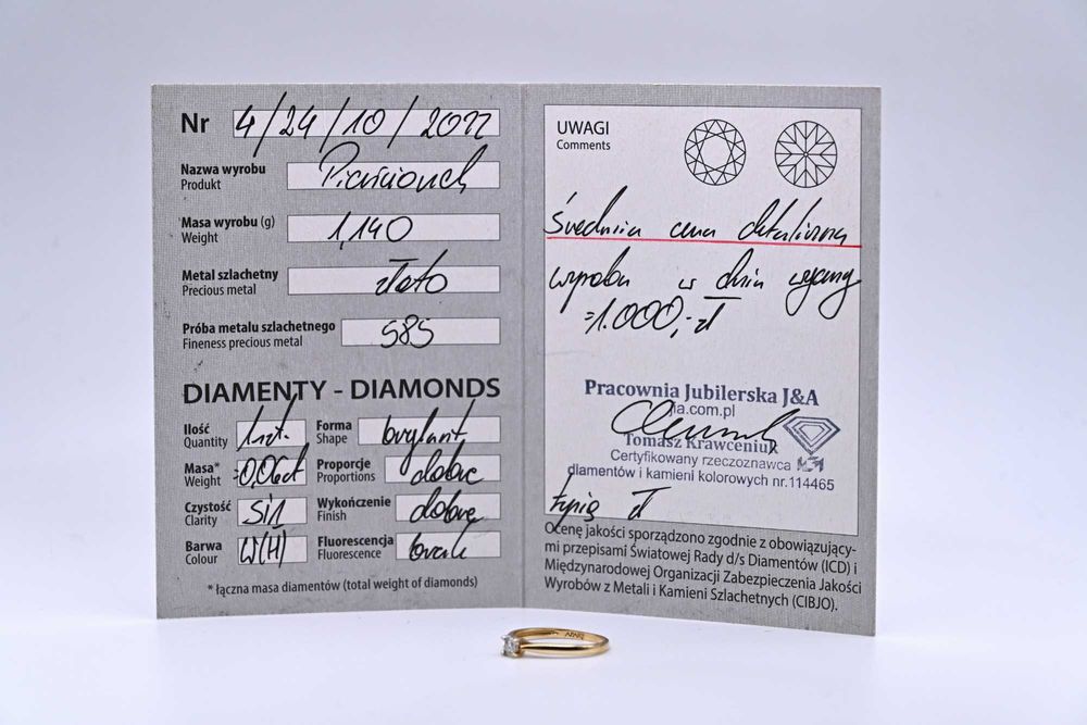 Klasyczny zaręczynowy pierścionek ze złota 585 brylant 0,06ct Apart