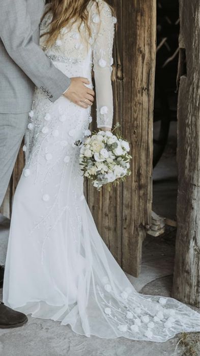 Unikatowa suknia ślubna kwiaty 3d koraliki cyrkonie syrenka