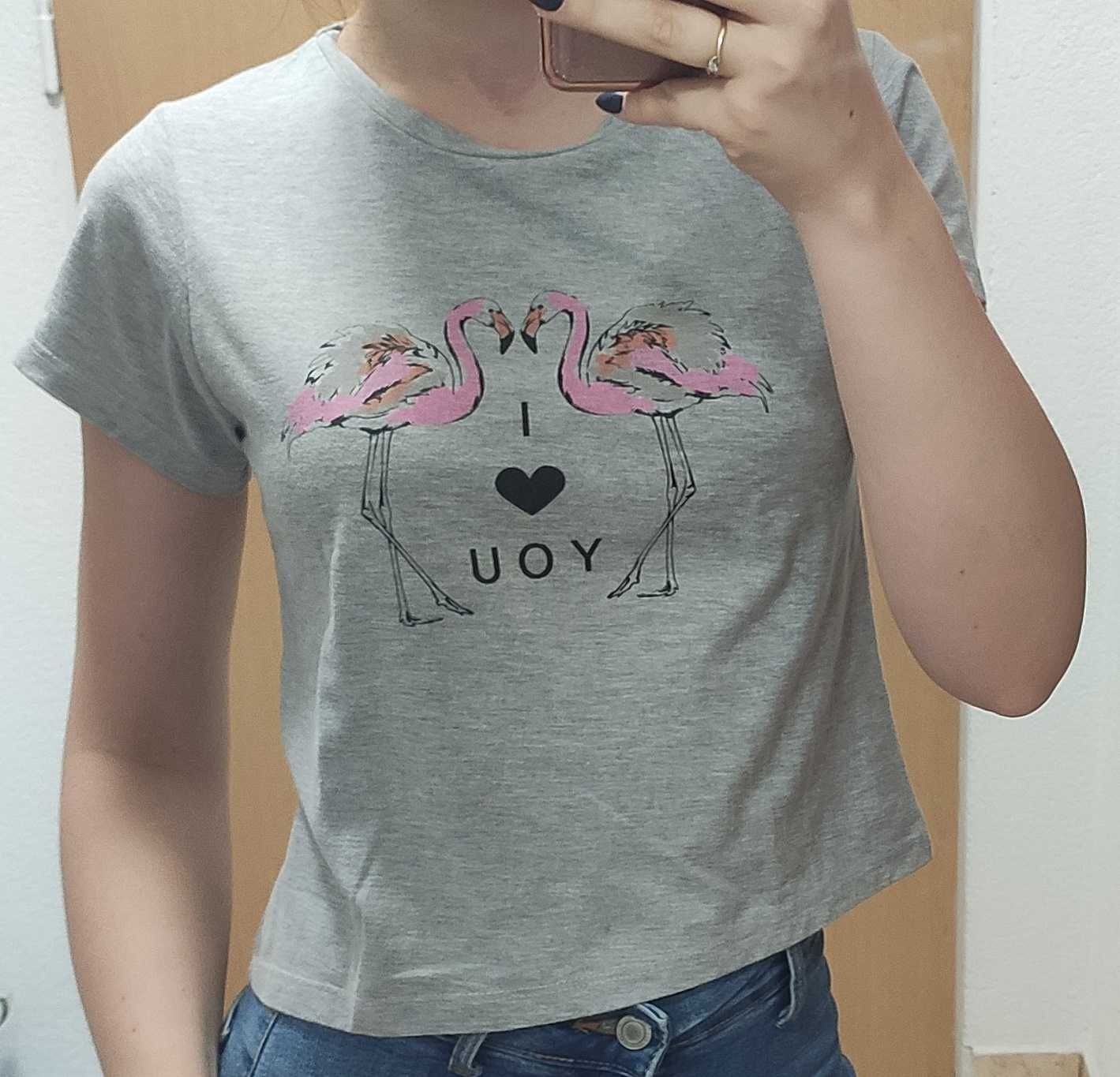 Rozmiar S 36 modny blogerski crop top z motywem flamingów