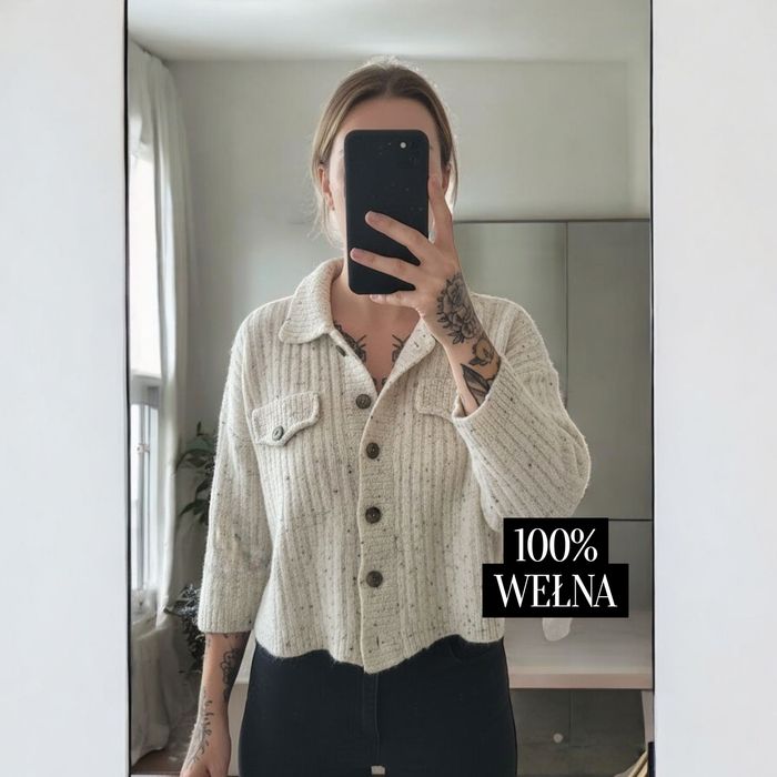 Kardigan damski 100% wełna miękki mięsisty ciepły tweed oversize