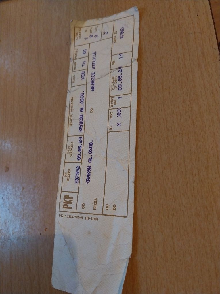 Stary bilet PKP Kraków 1989 rok.